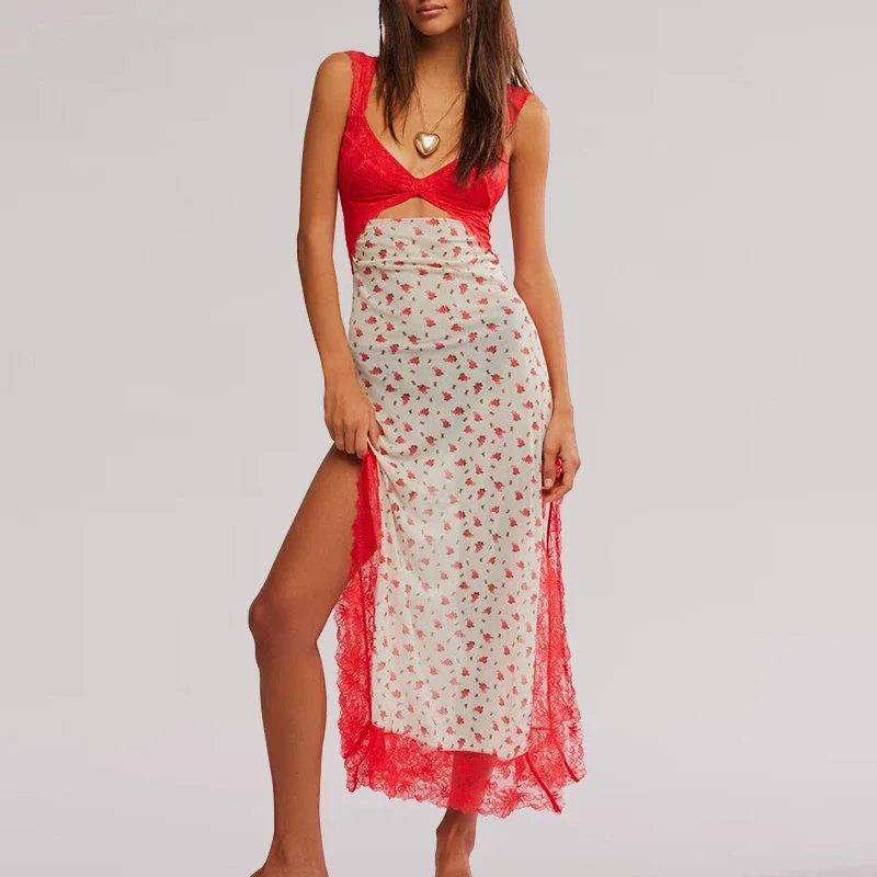 

Fashion 2025 Sleeveless Lace Patchwork Long Dress Hot Woman Deep V Wrap Hip Dress Spring Floral Print Women Skinny Party Dress