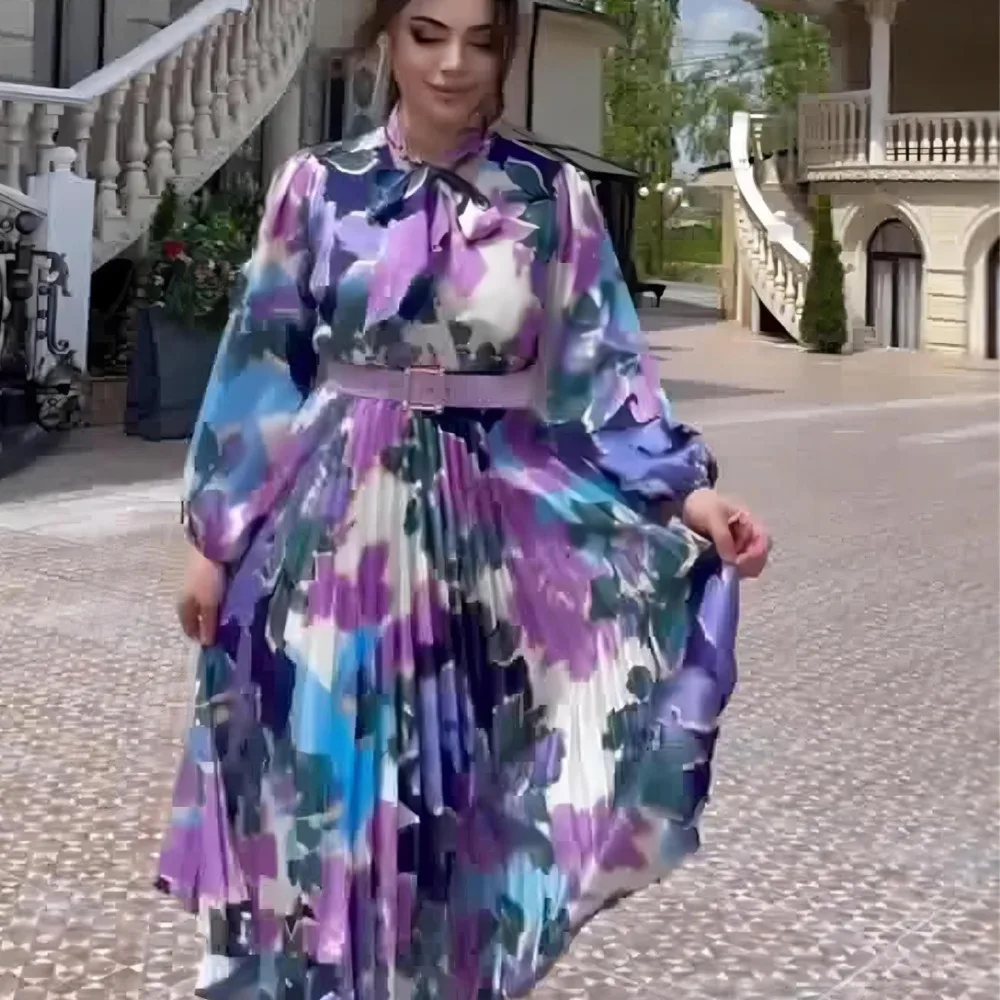 Printed Pleated Women's 2024 Dresses With Belt Bow Fashionable Summer Office Lady Travel Boho Clothes Causal Robe Maxi Dress