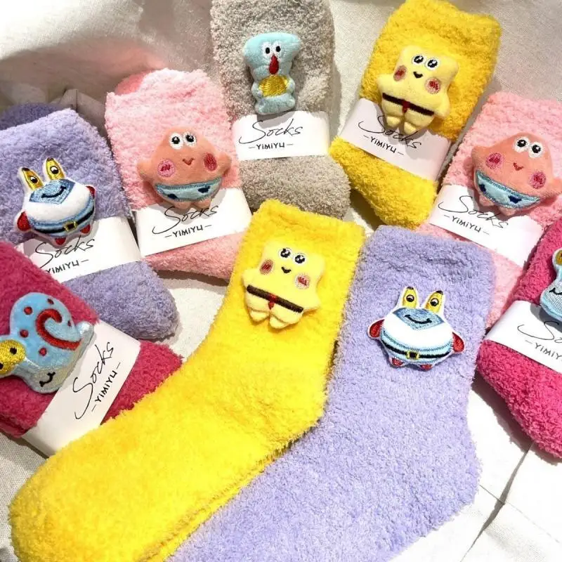 SpongeBob SquarePants Patrick Star Coral Fleece Socks for Women Cute Cartoon Sleeping Socks for Autumn and Winter Floor Socks