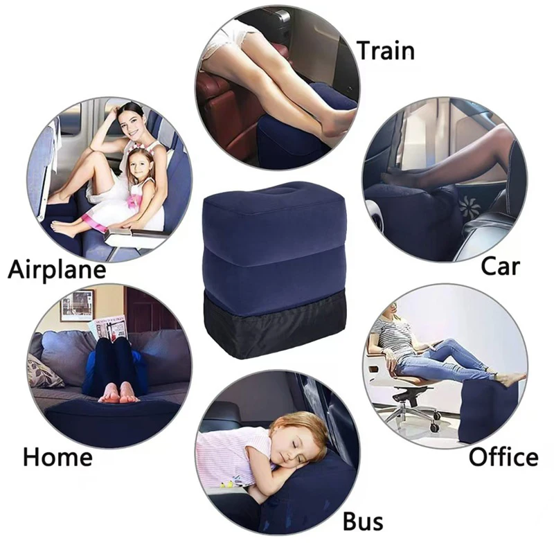 Inflatable Travel Foot Rest 3-level Adjustable Height Airplane Foot Hammock With Storage Bag For Plane Train Car Office & Home