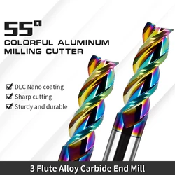 HRC55 Colorful End Mill Aluminium 3F DLC Coating Endmils Carbide Milling Cutter For Acrylic Wood Copper Plastic CNC Maching Tool