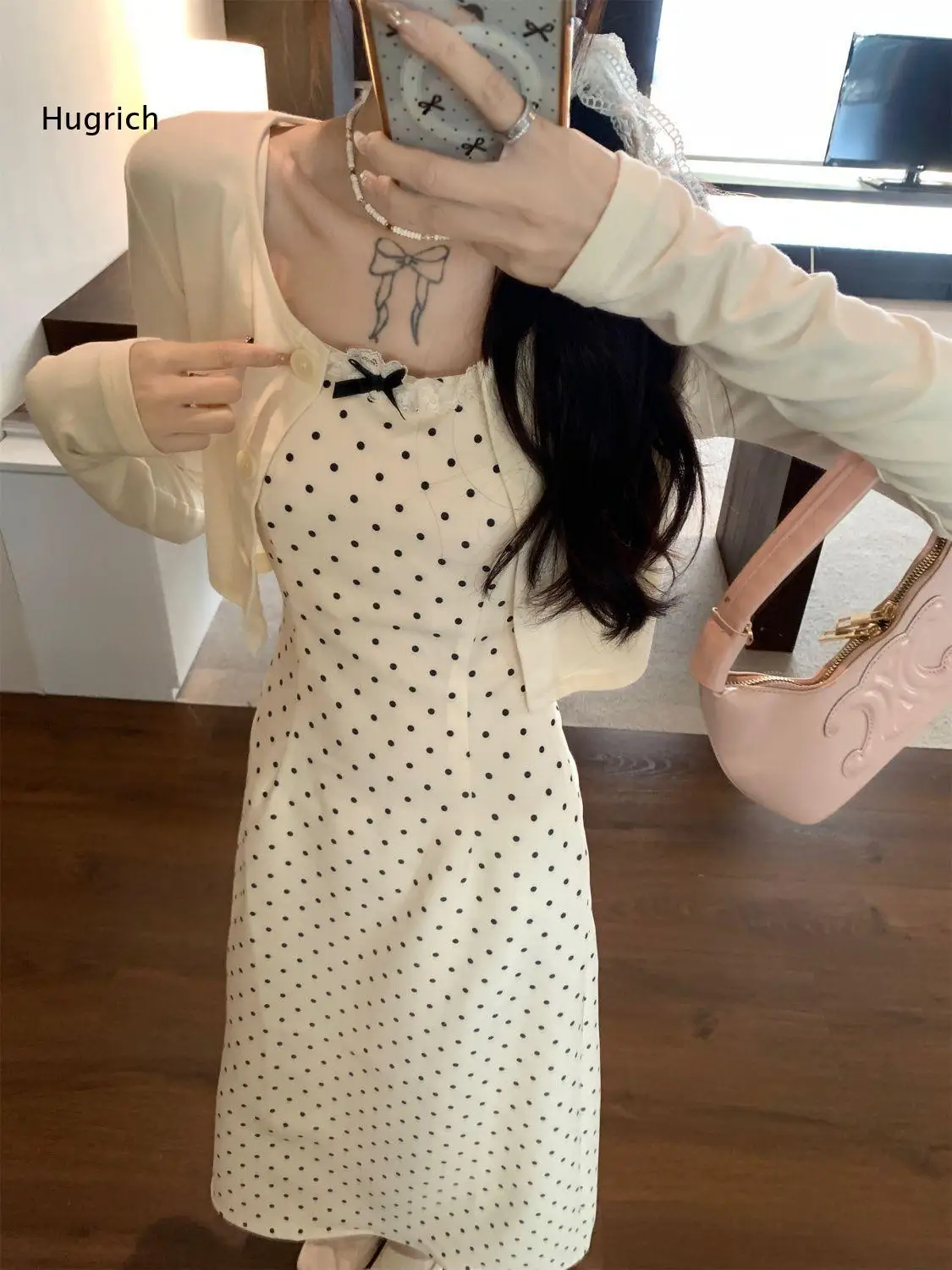 Polka Dot Sleeveless Midi Dress Set For Women Matching Long Sleeve Cropped Cardigan Elegant Outfit For Casual Daily Wear