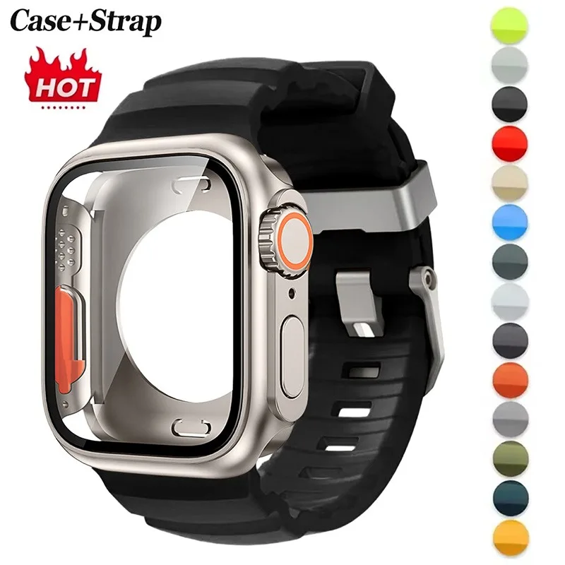 حزام سيليكون + حافظة لساعة أبل 44 مللي متر 45 مللي متر 46 مللي متر واقيات الشاشة تتغير إلى الترا لسلسلة iWatch 1110 9 8 7 SE 6 5 #1