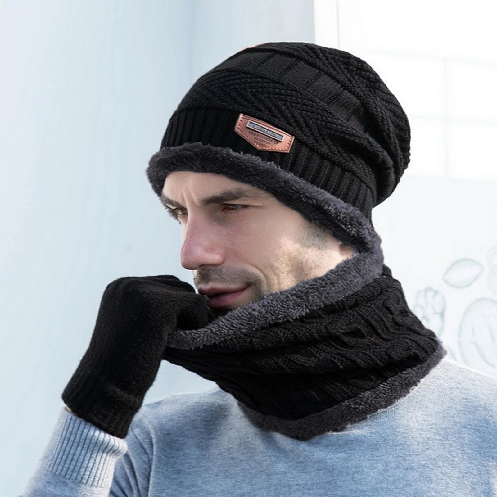 Warm Knit Beanie Hat and Neck Knit Slouchy Beanie Hat Neck Warmer Screen-Touch Texting Gloves for Snow Cold Weather