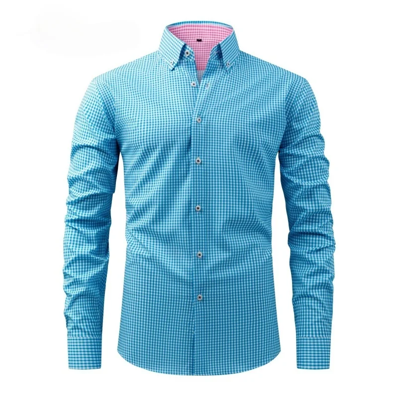 Spring Autumn Men's Lapel Long Sleeve Printed Shirt Business Casual Slim Fit Checkered Shirt
