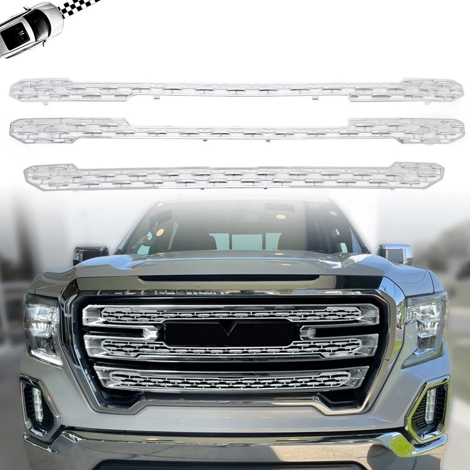 

For GMC Sierra 1500 SLT 2019 2020 2021 2022 Chrome Front Grille Insert ABS Set