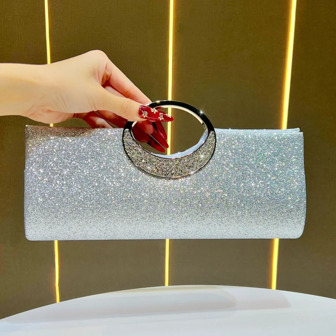 Glitter Rhinestone Circle Handle Clutch Bag Sparkly Chain Crossbody Purse for Wedding Party Prom Evening Formal Dress Occasion
