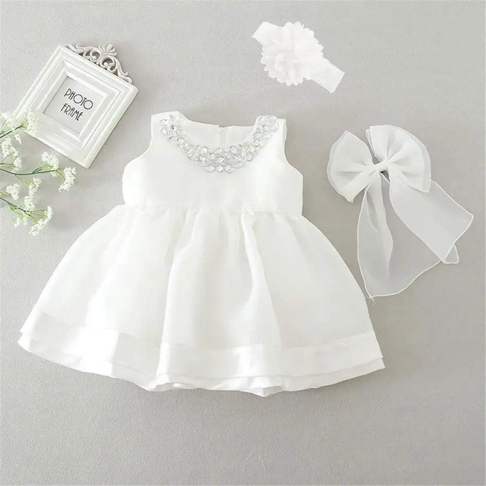 Newborn Baptism Dress For Baby Girl Beading Necklace White Wedding Birthday Party Toddler Kids Christening Gown 0-2 Years