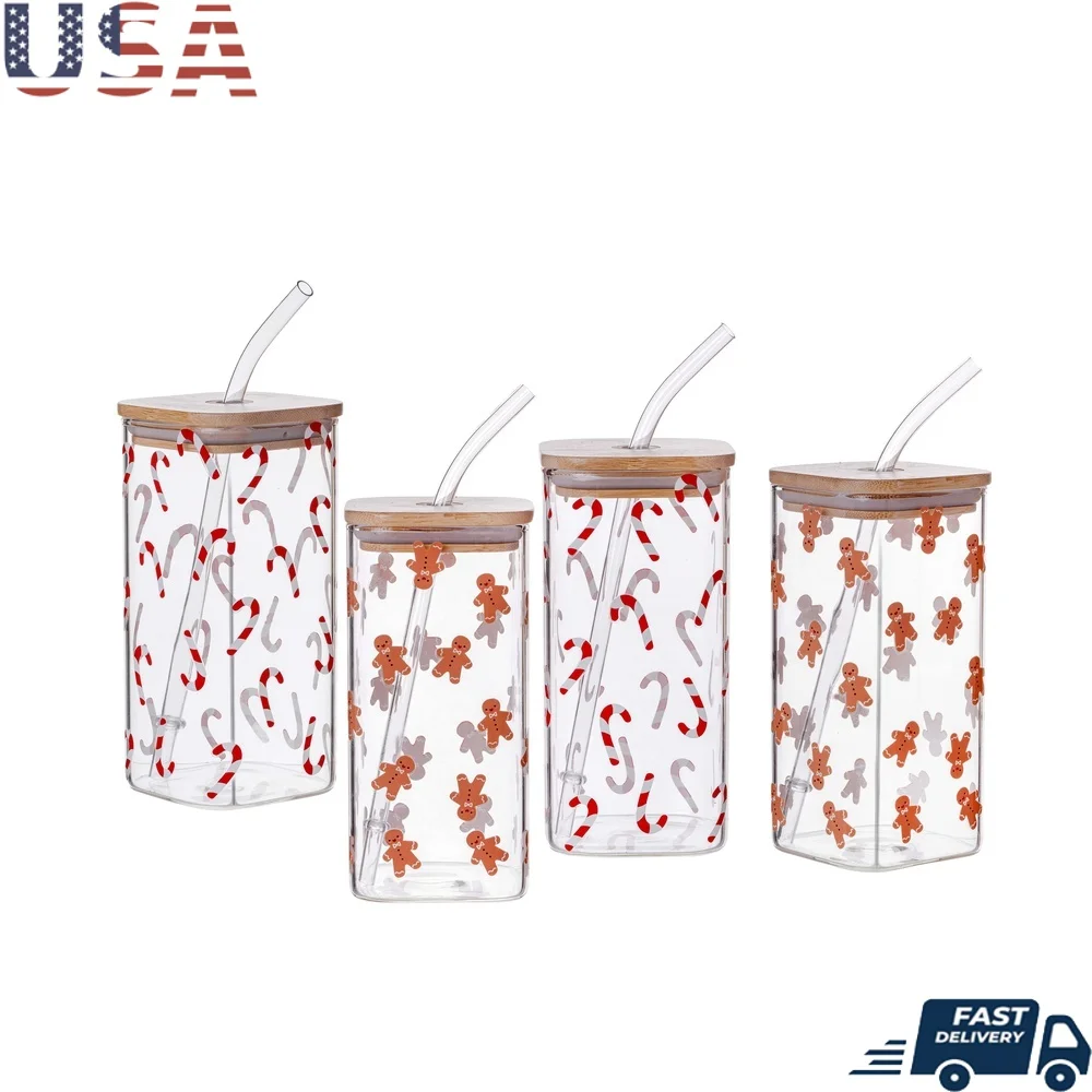 

Gingerbread Man Candy Cane Square Glass Sipper Set 4pack Durable Borosilicate Heat Resistant Bamboo Lid Dishwasher Safe Straw