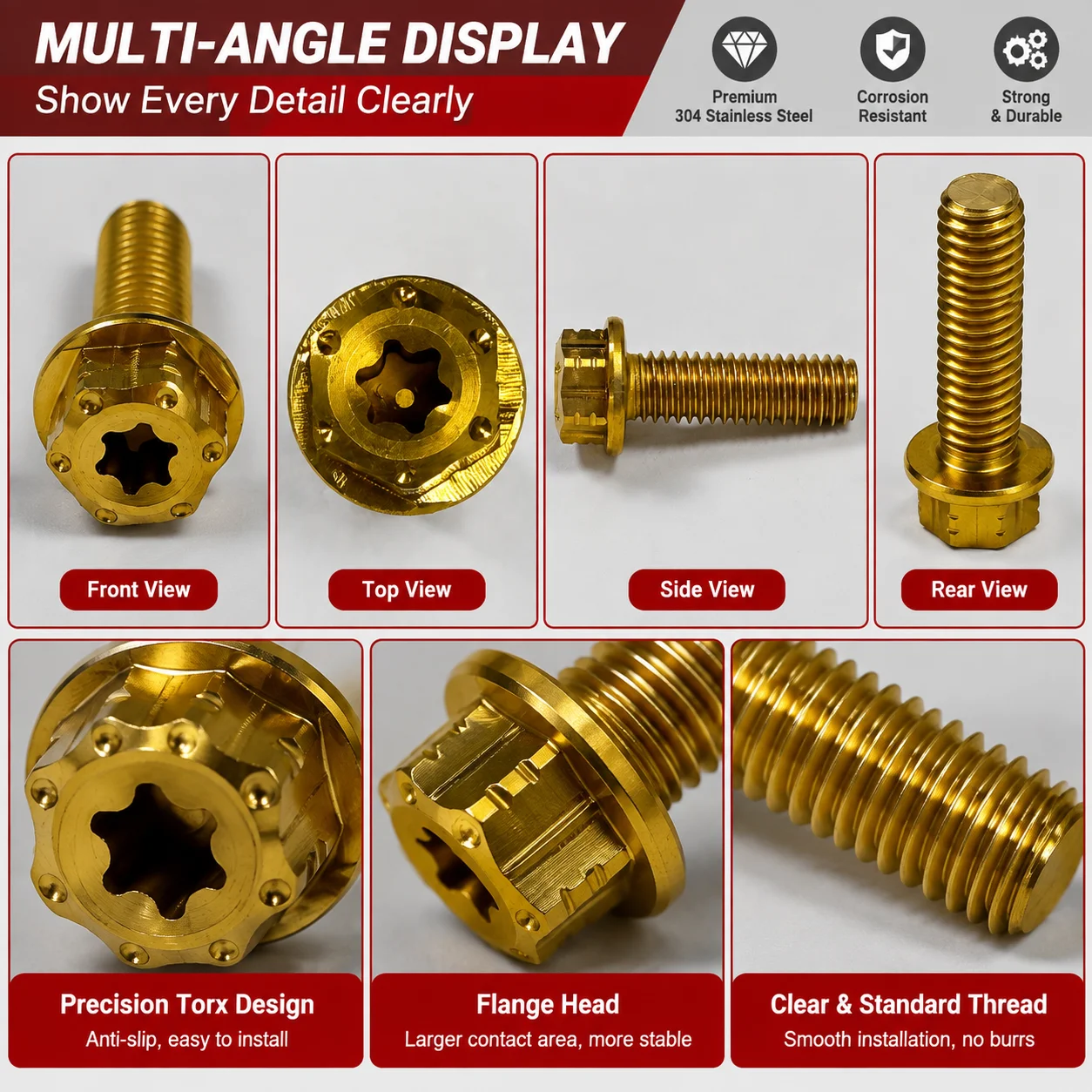 M6x20 Motorcycle Flange Bolt Torx Screw 304 Stainless Steel Gold Decorative Screw For Brake Master Cylinder Modification Replace