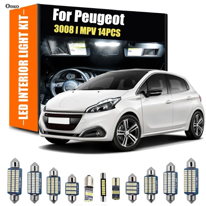 

For Peugeot 3008 I MPV 14Pcs LED Interior Reading Light Trunk Plate Bulb Kit Hatchback Saloon Signal Lamp Car Lights