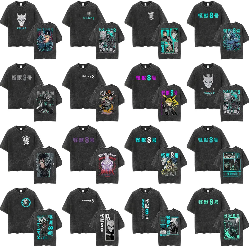 

Washed Vintage Anime Kaiju No 8 Graphic Print T-shirt Men Women Fashion Oversized T-shirts Man Casual Cotton T Shirts Streetwear