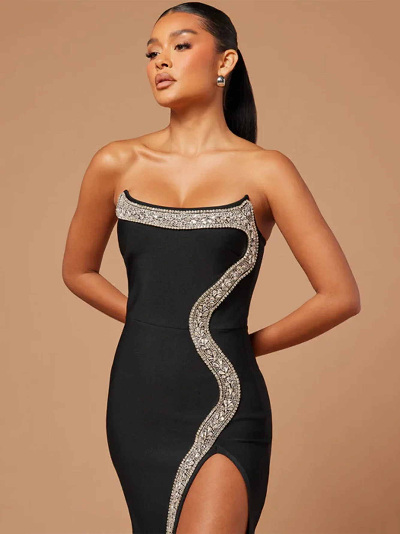 High Quality Women\'S Sexy Strapless Backless Heavy Industry Diamond Crystal High Slit Masi Bandage Dress Elegant Party Vestidos