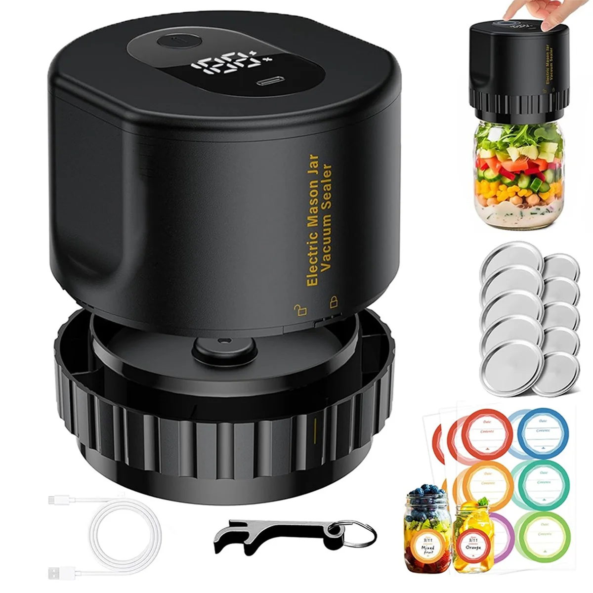 BABZ Mason Jar Vacuum 2 in 1 Design Electric Mason Jar Vacuum Sealing Kit, Fully Automatic Suction Stop Food Storage