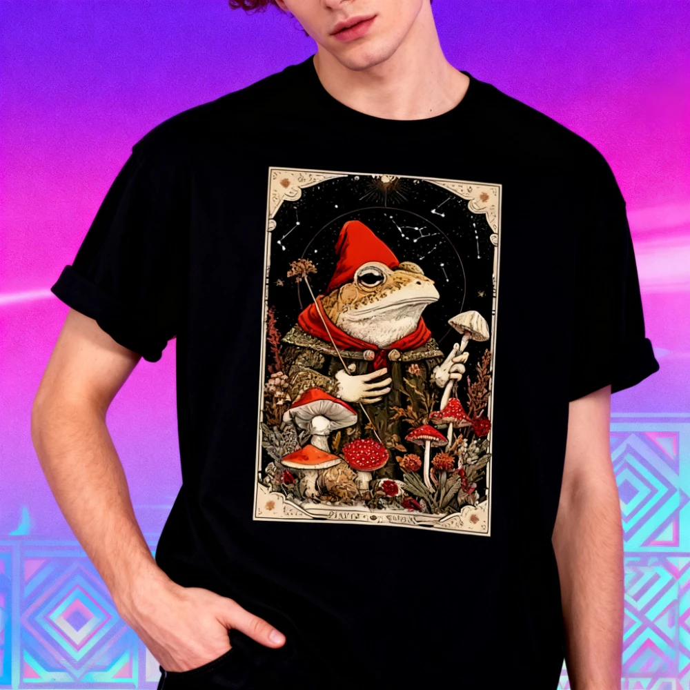 

Frog Wizard and Mushroom Tarot T-Shirt Mystical Spirit Animal Print Shirt Creative Design Unisex Tshirt Men Women Vintage Tee