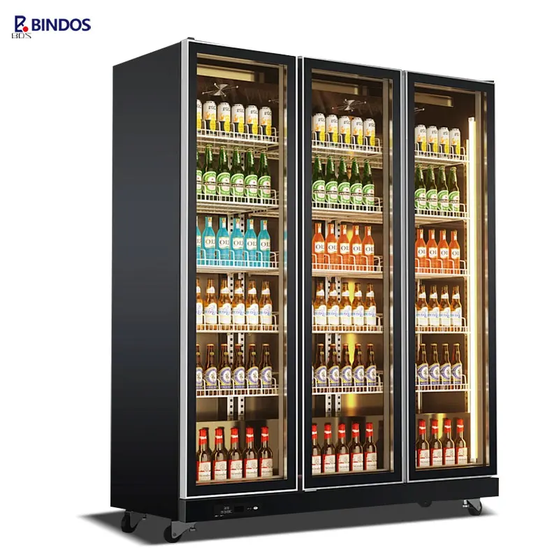 Multi Color LED Lighting 3 Doors Display Fridge Single-Temperature Beer Refrigerator with Transparent Glass Digital Control Stan