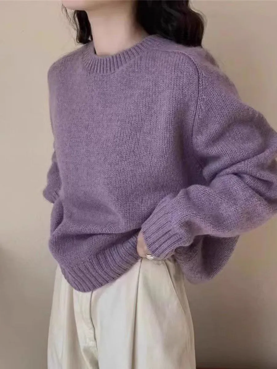 

Soft Purple round Neck Knitwear Women's Spring Autumn New Style Minimalist Lazy Knitted Sweater Mild Style Long Sleeve Top