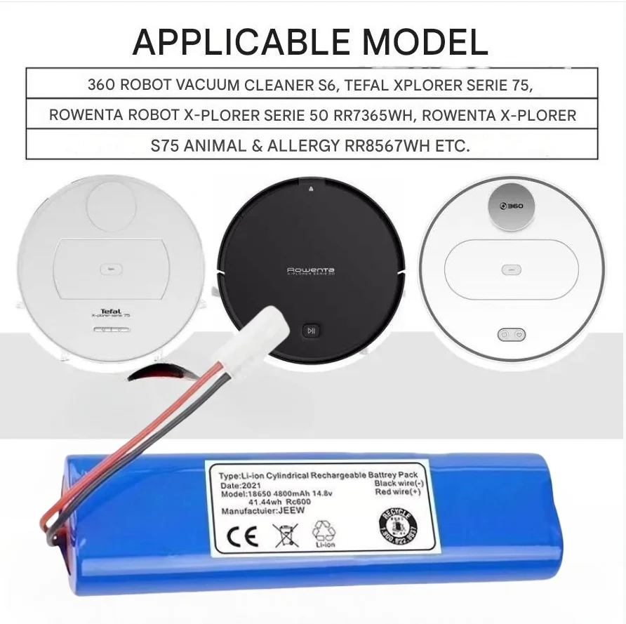 4800mAh Robot Vacuum Cleaner Battery for Rowenta X-Plorer 75,S75,75S,RR7635WH,RR7647WH,RR7675WH,RR7687WH,RR8585WH,RR8587WH