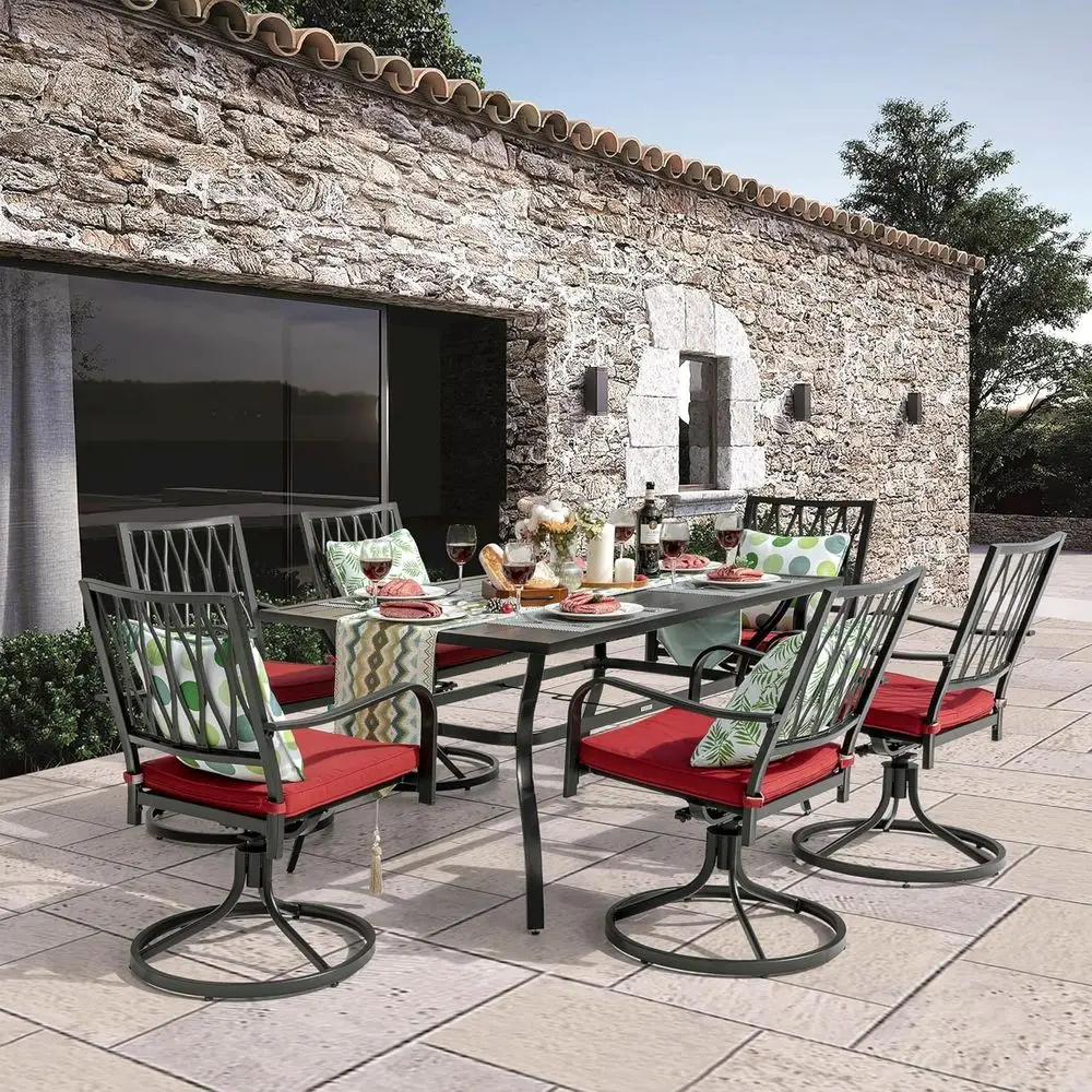 

7-Piece Outdoor Dining Set with Iron Umbrella, 6 Swivel Chairs, Black & Red Cushions