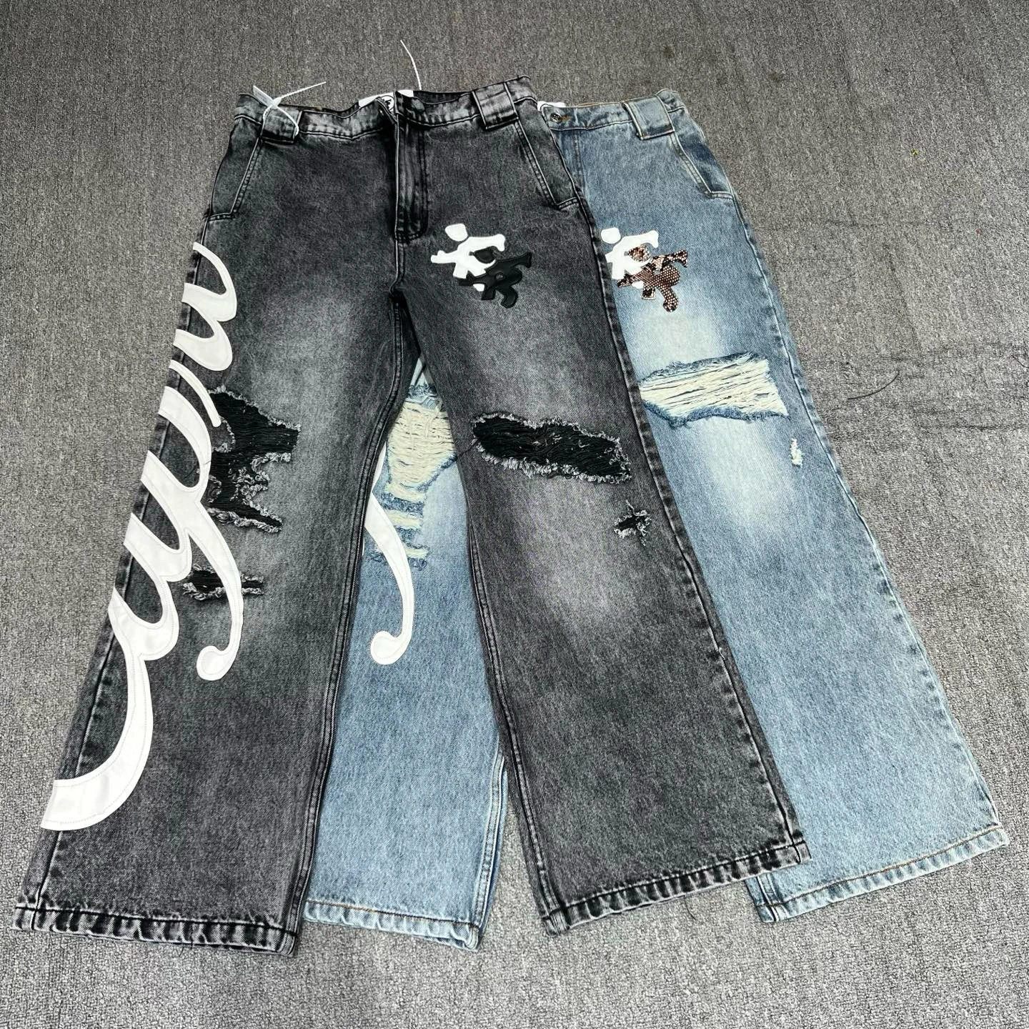 

Повседневные джинсы с вышивкой и прорезями в стиле High Street, джинсовые брюки с индивидуальным дизайном, средней посадкой, на молнии, свободного кроя, летние джинсы для подростков