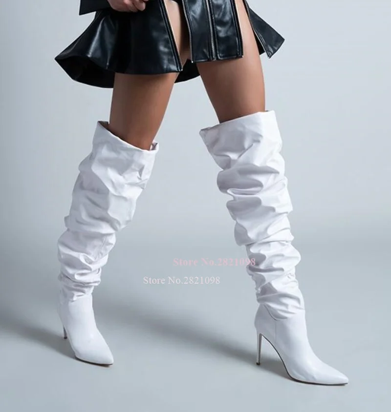 Ruched Thigh High Boot In White Lather Women Pointy Toe Silhouette Slightly Covered Thin High Heel Oever The Knee Wide Bootie