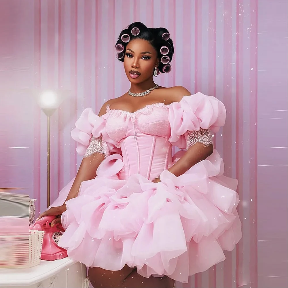 Girly Pink Short Ball Gown Birthday Party Dresses for Women Off Shoulder Mini Tiered Ruffles Quinceanera Prom Dress Customized