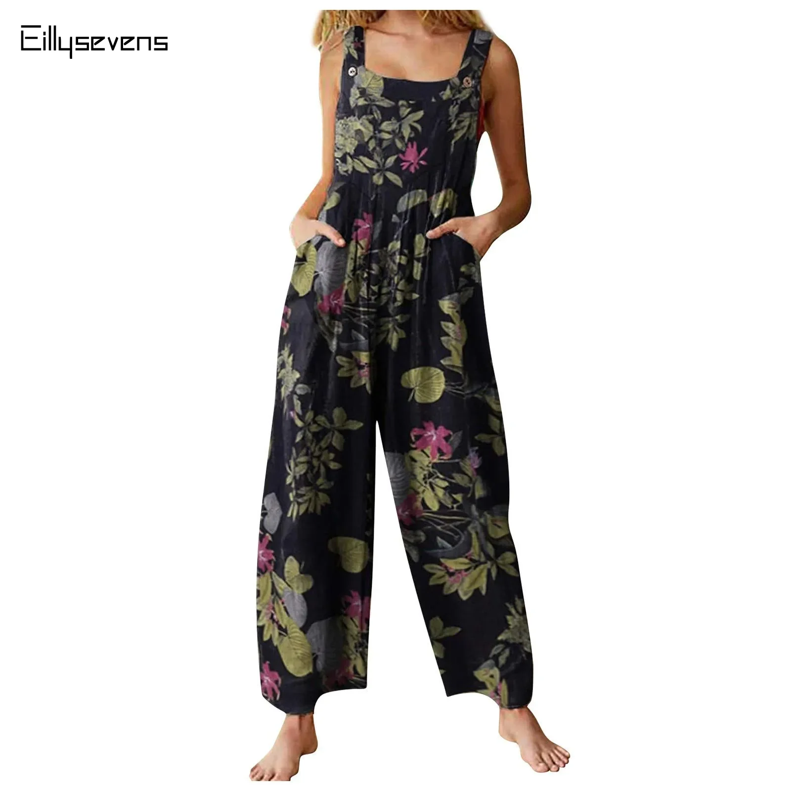 

Women Ethnic Style Jumpsuits Summer Overalls Floral Print Square Neck Sleeveless Casual Rompers With Pockets For Girls Playsuit