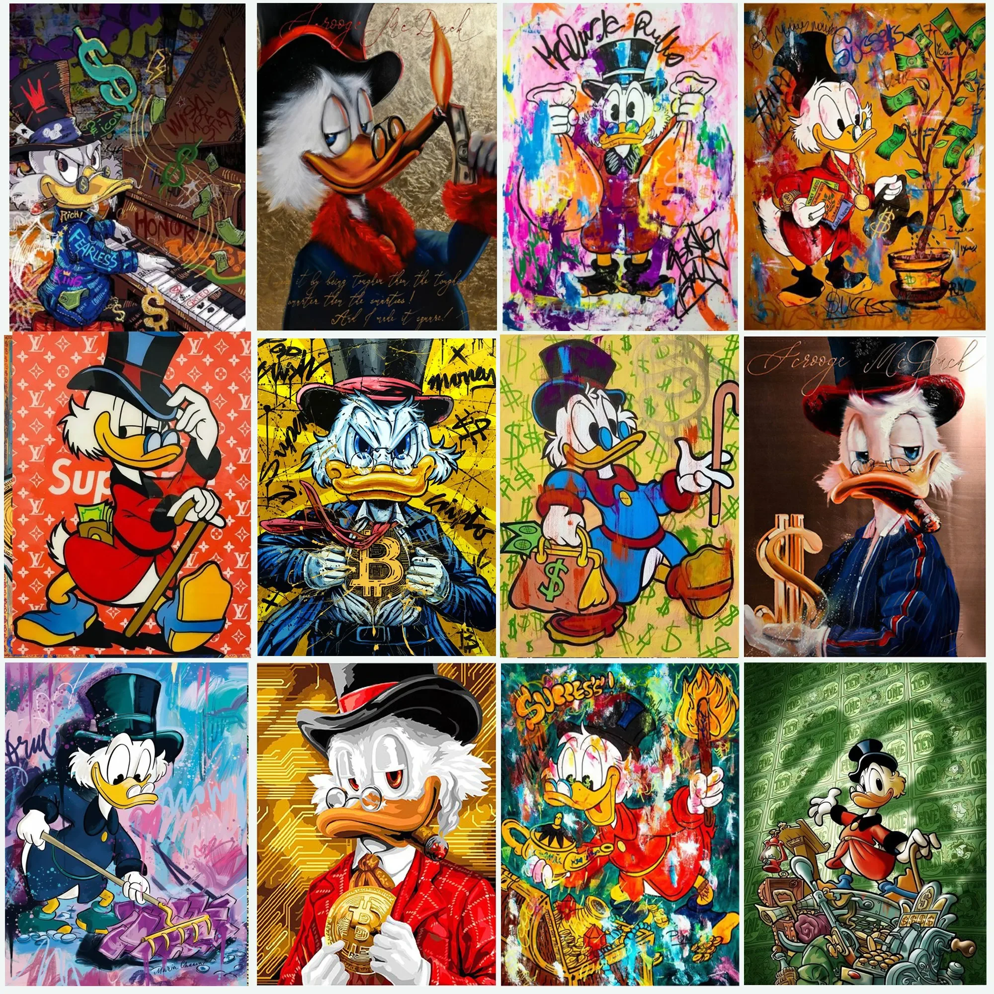 Disney Donald Duck B Bitcoin Money Art Canvas Painting Funny Color Graffiti Wall Poster Prints Living Room Home Pictures Decor