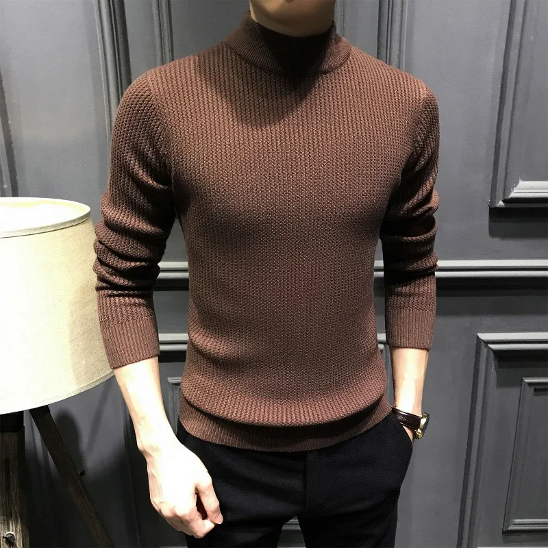 

Smart Casual Autumn Winter New Woolen Sweater Men Mock Neck Solid Fashion Luxury Business Long Sleeve Slim Pullovers Knitted Top