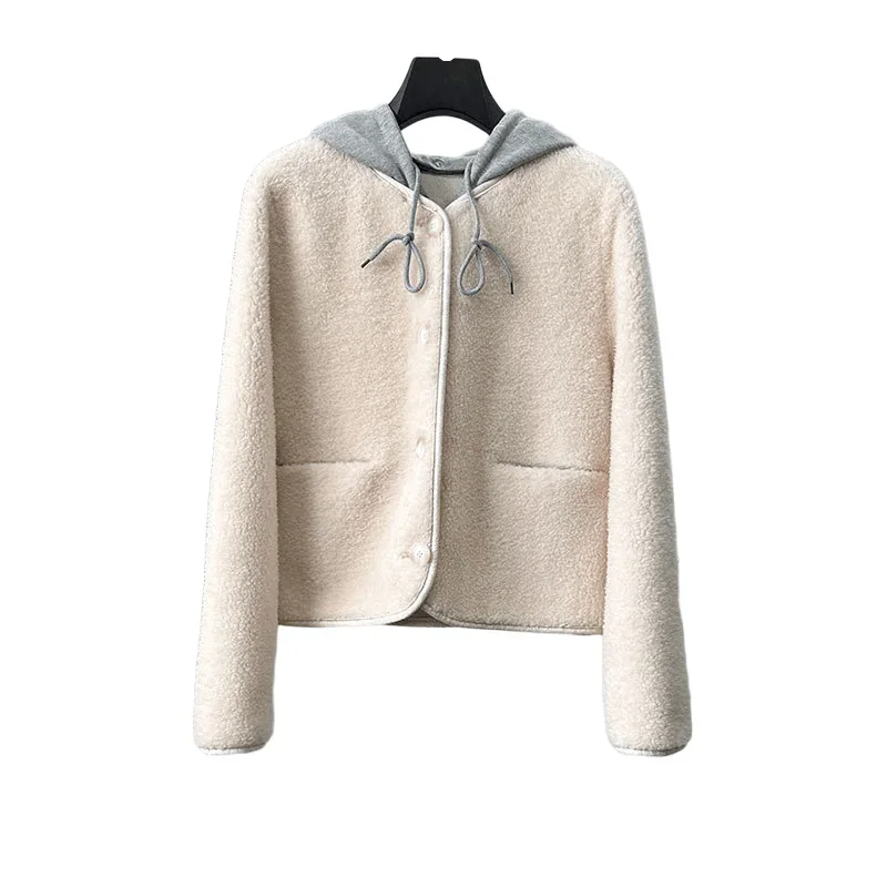 Manteau en fourrure de laine véritable avec capuche perfectionnée pour femme, veste chaude, nouveau design de mode, hiver 2024, CT329