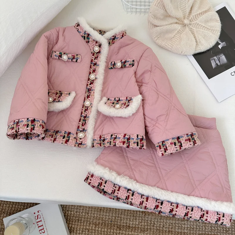 

Children's New Winter Fashion Set for Girls, Fleece-Lined Thickened Jacket and Skirt with Stand Collar, Elegant Two-Piece Set