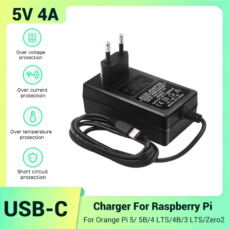 DC 5V 4A USB-C Charger For Raspberry Pi 4B 20W USB C Power Supply Adapter For Orange Pi 5/ 5B/4 LTS/4B/3 LTS/Zero2 EU US Plug