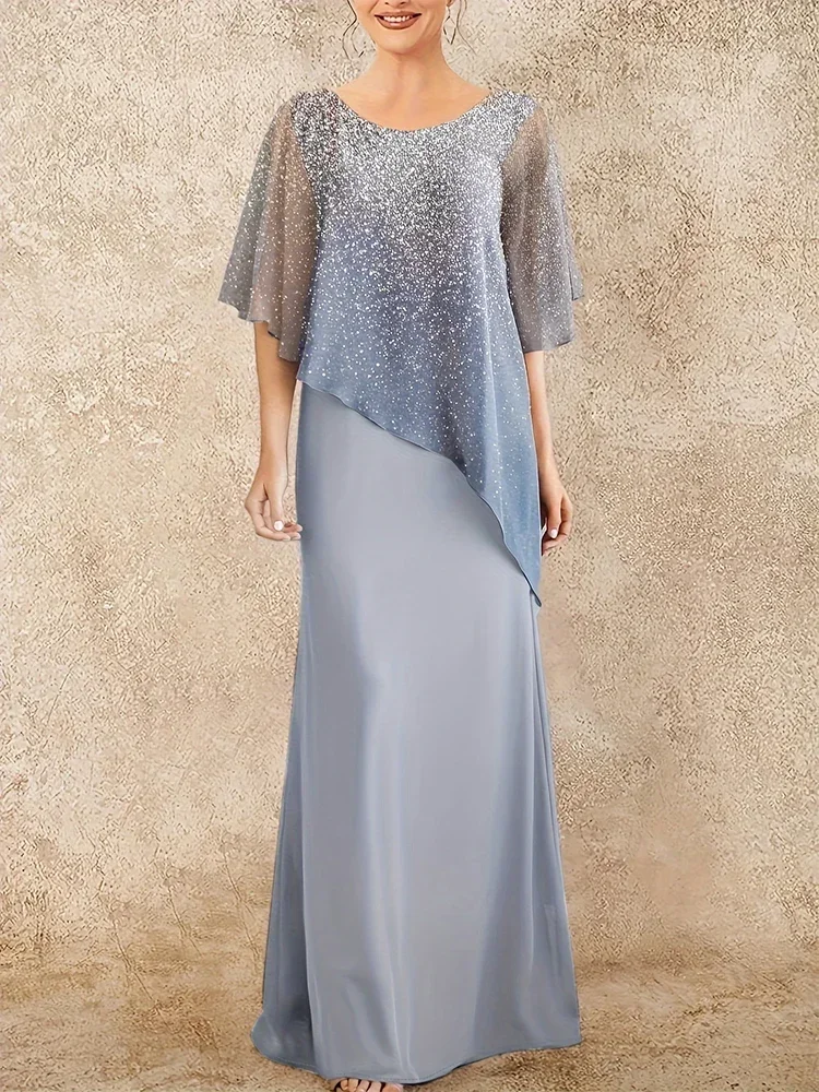 Plus Size Summer Dress for Elegant Women Evening Dress Bride Mom Grey Blue Chiffon Ombre Sparkling Print Irregular Maxi Dress