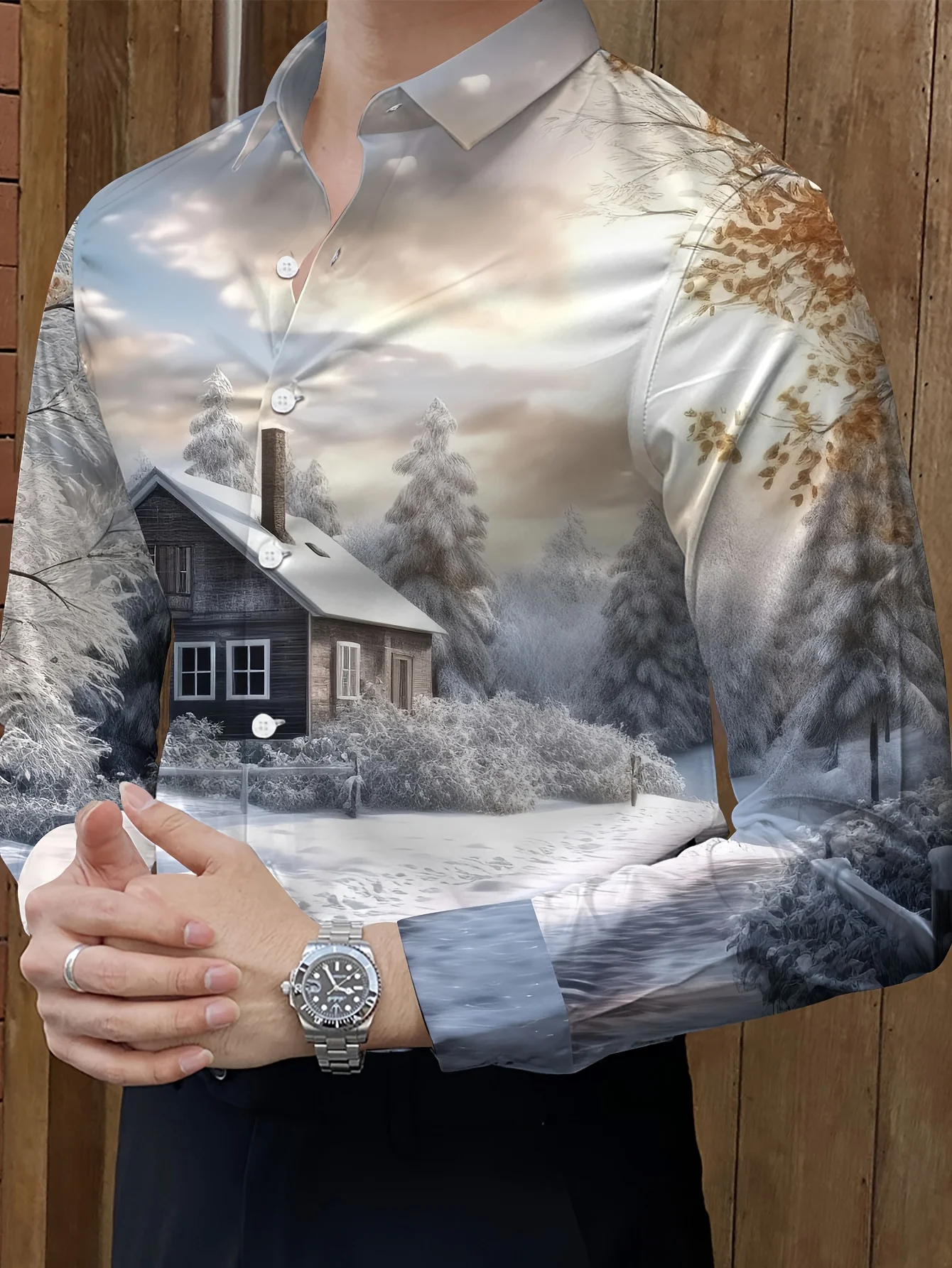 New Men's Shirt 3D Simple Line Print Clothes Fashion Button Lapel Street Trend Men's Hawaiian Long Sleeve Shirt，