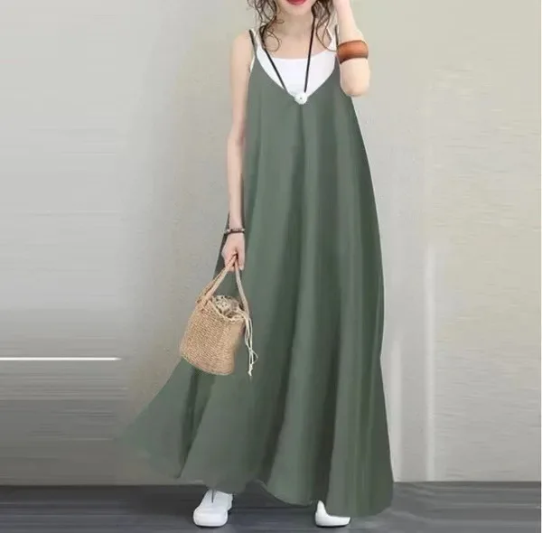 2025 Ladies Casual Loose Solid Dress V-Neck Halter Sexy Long Dress Sleeveless Women's Party Dress