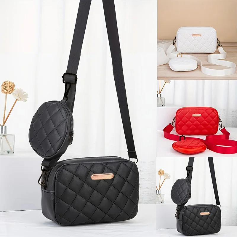 Ins Trendy Women 2Pcs Quilted Crossbody Bag, Hot Sale PU Leather Camera Shoulder Handbag with Round Coin Purse, Adjustable Wide