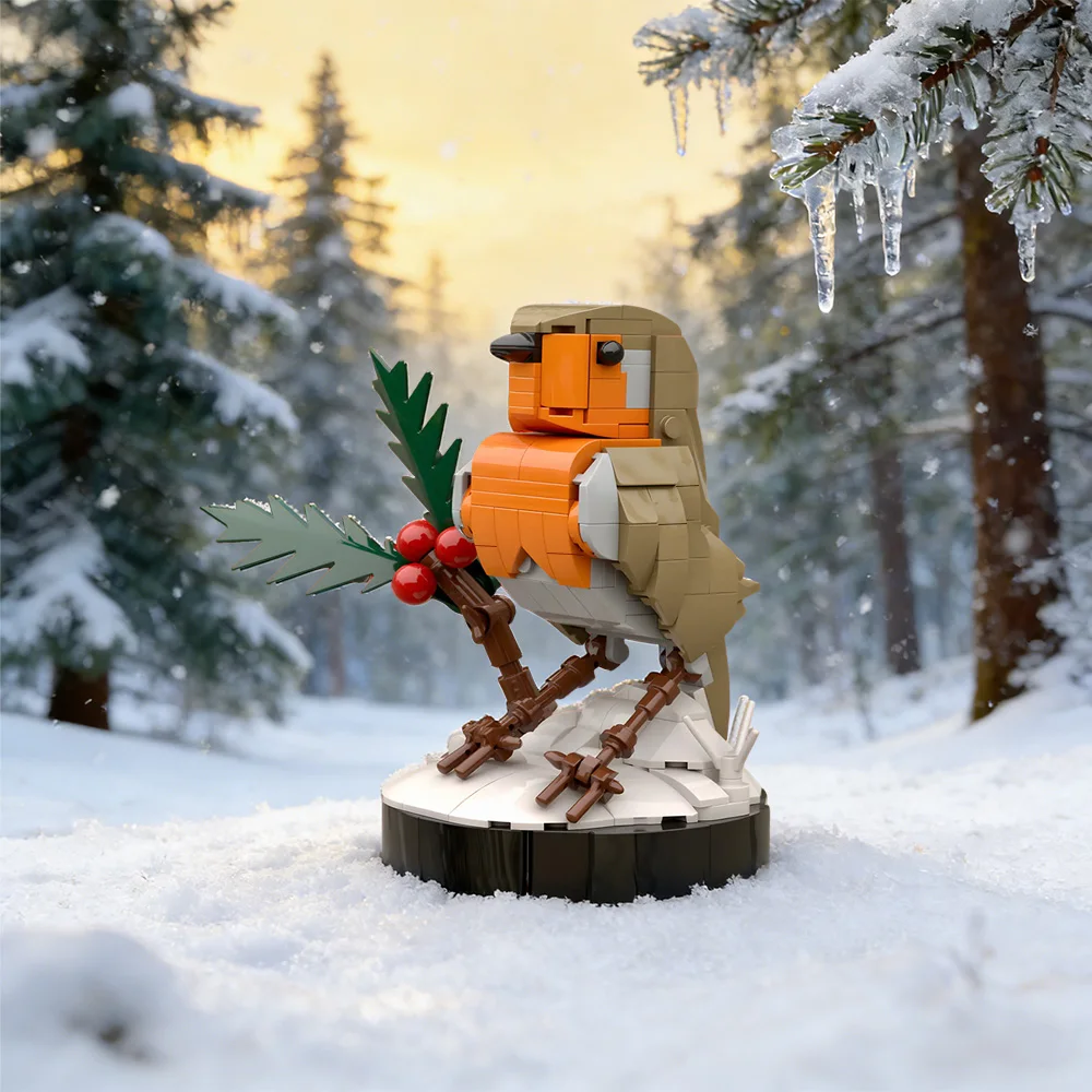 Gobricks MOC Robin in Winter Birds Building Blocks Model Christmas Flame Robin Birds Bricks Assembly Educational Toys Kids Gifts view 2