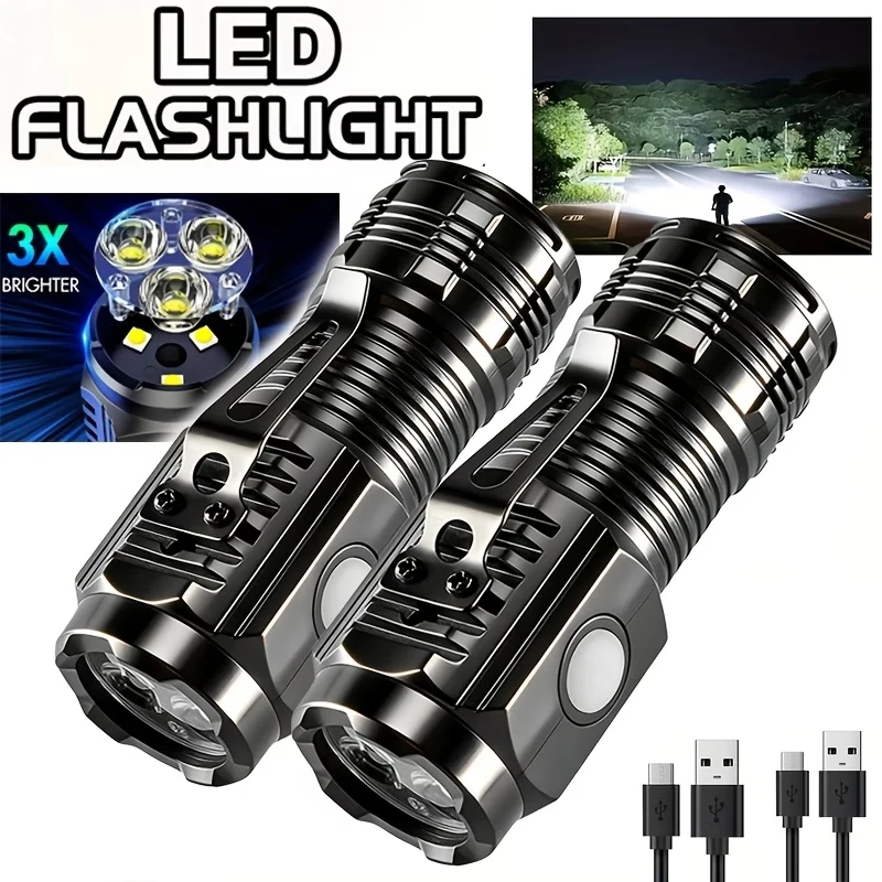 Mini lanterna poderosa com 3 LEDs, recarregável por USB, bateria embutida, 5 modos, lâmpada à prova d'água com ímã traseiro, lanterna tática