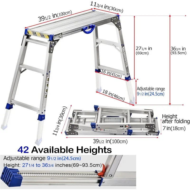 Plataforma de trabajo Escalera plegable de aluminio de 2 escalones de 40" x 12", todas las patas, altura ajustable de 27,5" a 37", resistente, clasificación de 330 libras