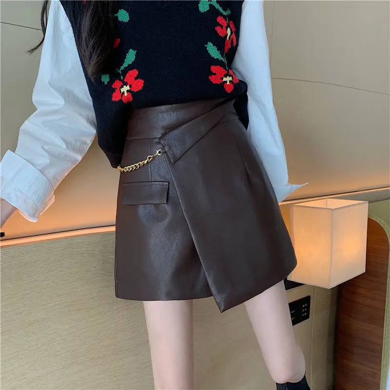 

Korean Fashion Autumn Winter New Women Solid Zipper Irregular Chain Temperamen High Waist Short A-line PU Leather Pantskirt Suit