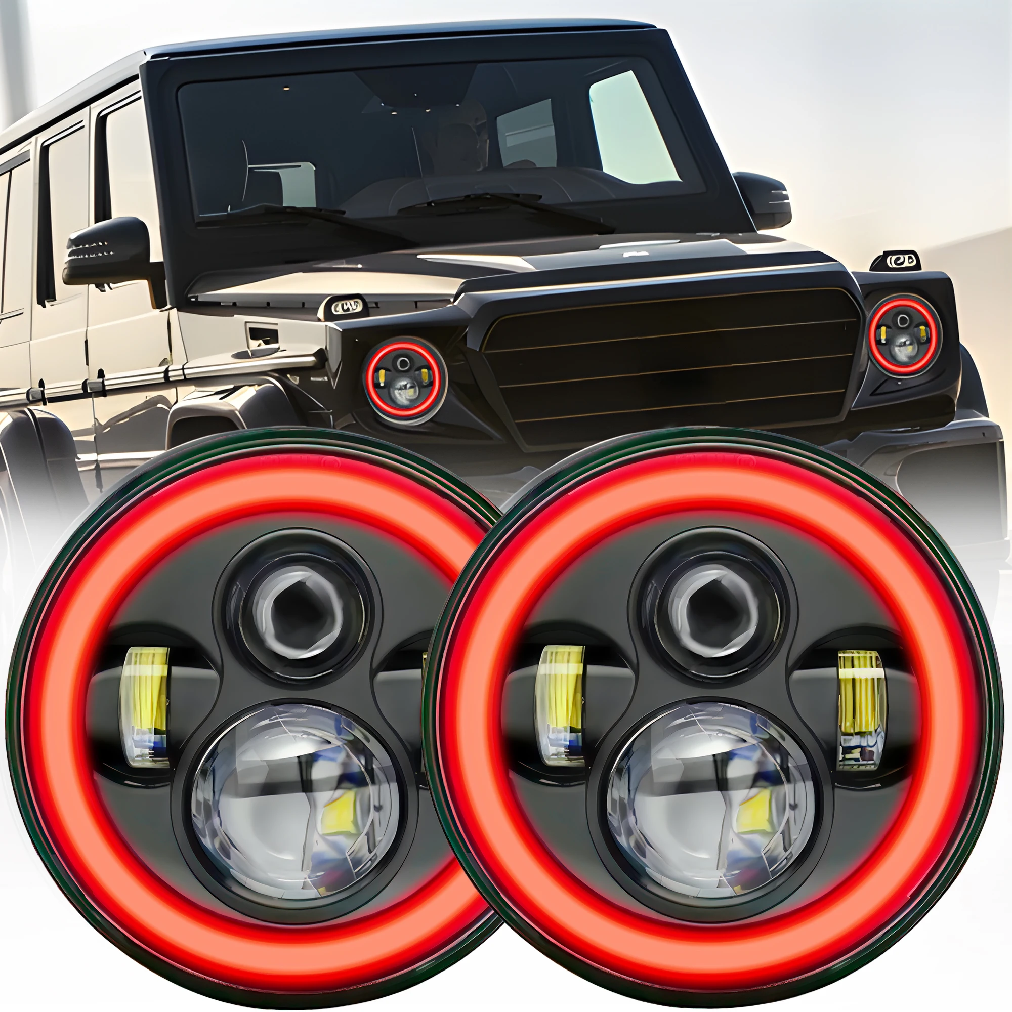 7inch Led Headlight Round H4 Red Halo Angel Eyes Headlight 140W 3000/6000K Wrangler Jeep Universal Headlamp 14000LM Car Lamp