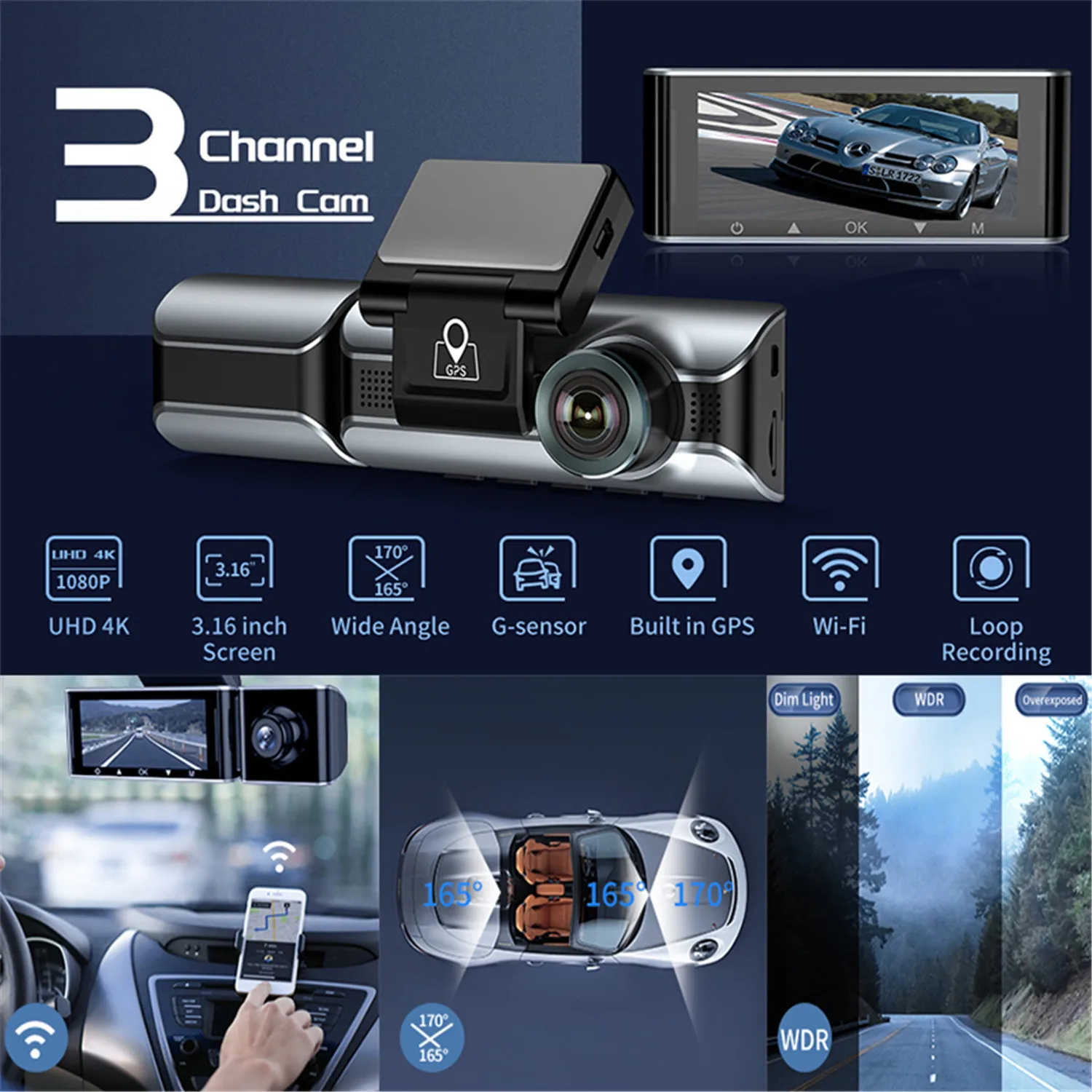 AZDOME M550 Dash Cam 3 Channel Front Inside Rear 4K 2160P Car DVR Video Camera dashcam GPS 24H Parking Mode WIFI & App Control