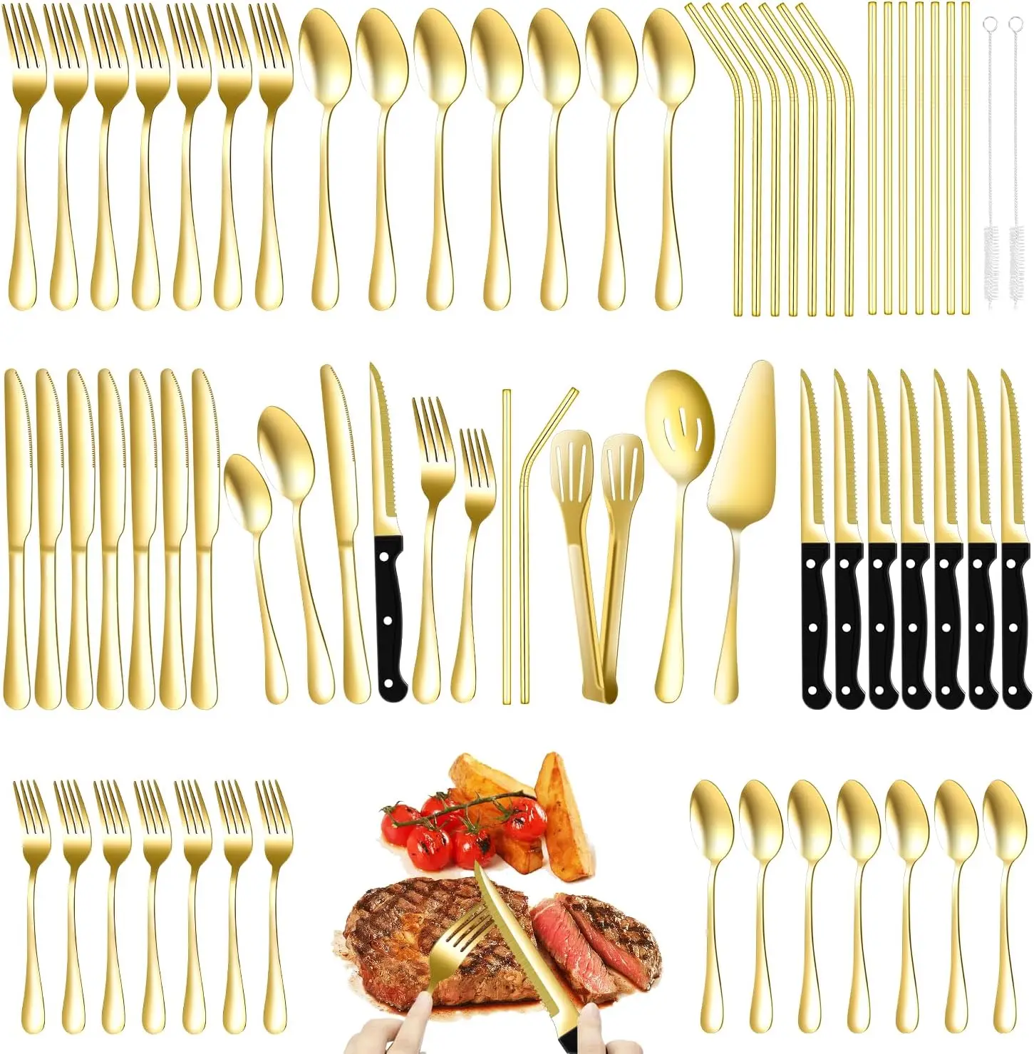 

69-Piece Gold Stainless Steel Flatware Set for 8 with Steak Knives, Forks, Spoons, and Metal Straws