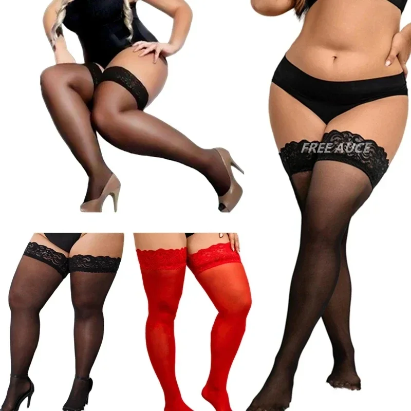 FREEAUCE Plus Size Fishnet Anti-slip Lace Top Women Stockings Nylon Stocking Thin Sheer Socks