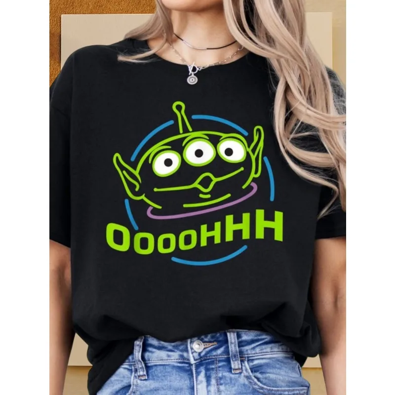 

MOTO-Women's Toy Story Buzz Lightyear 3D Pattern T-shirt Black Casual Short Sleeve Round Neck Summer Top