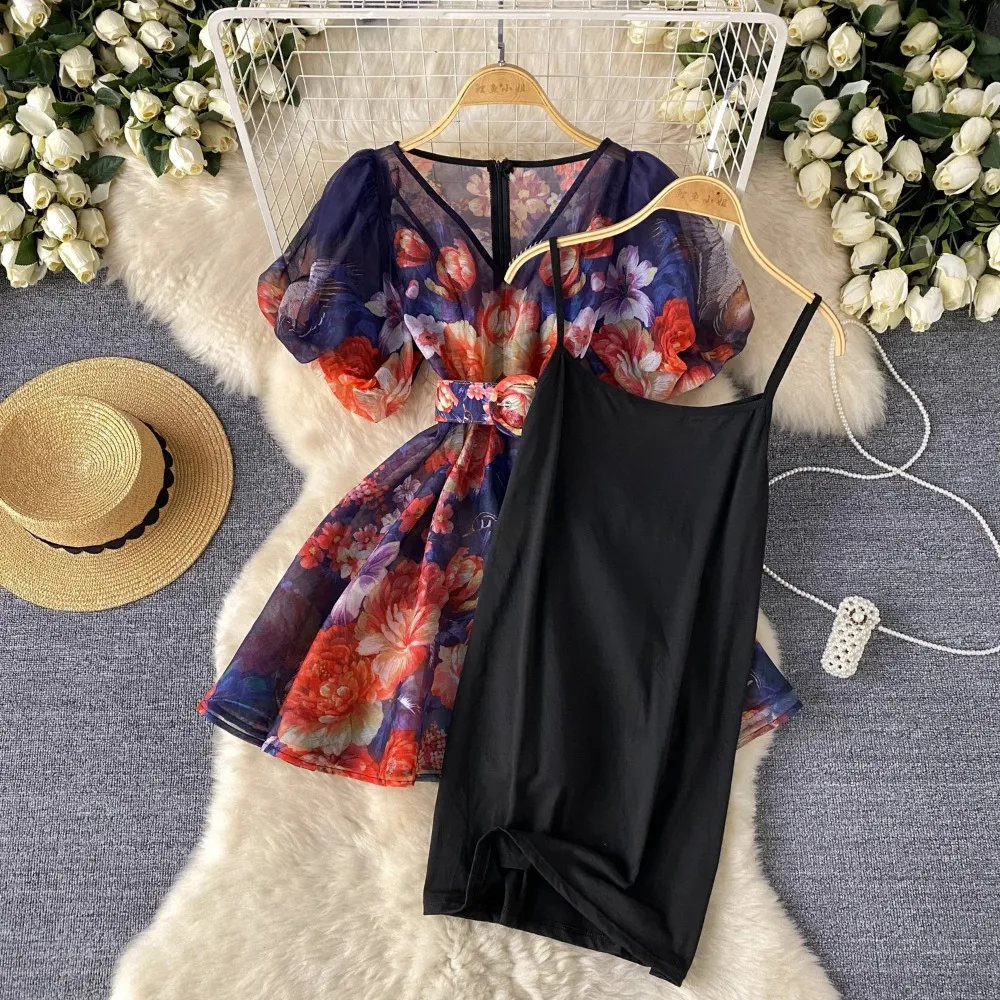 Retro  Print   Elegant v neck Chiffon puff sleeve Dress A-line Short Sleeve  Casual High Waist Women Summer dresses