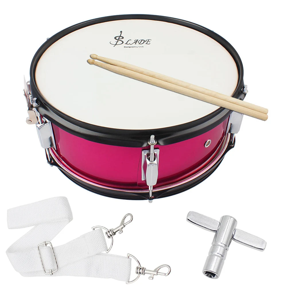 SLADE 14 Inch Bright Red  Snare Drum  Stainless Steel Marching Drum Percussion Instrument with Strap Drum Sticks Accessories