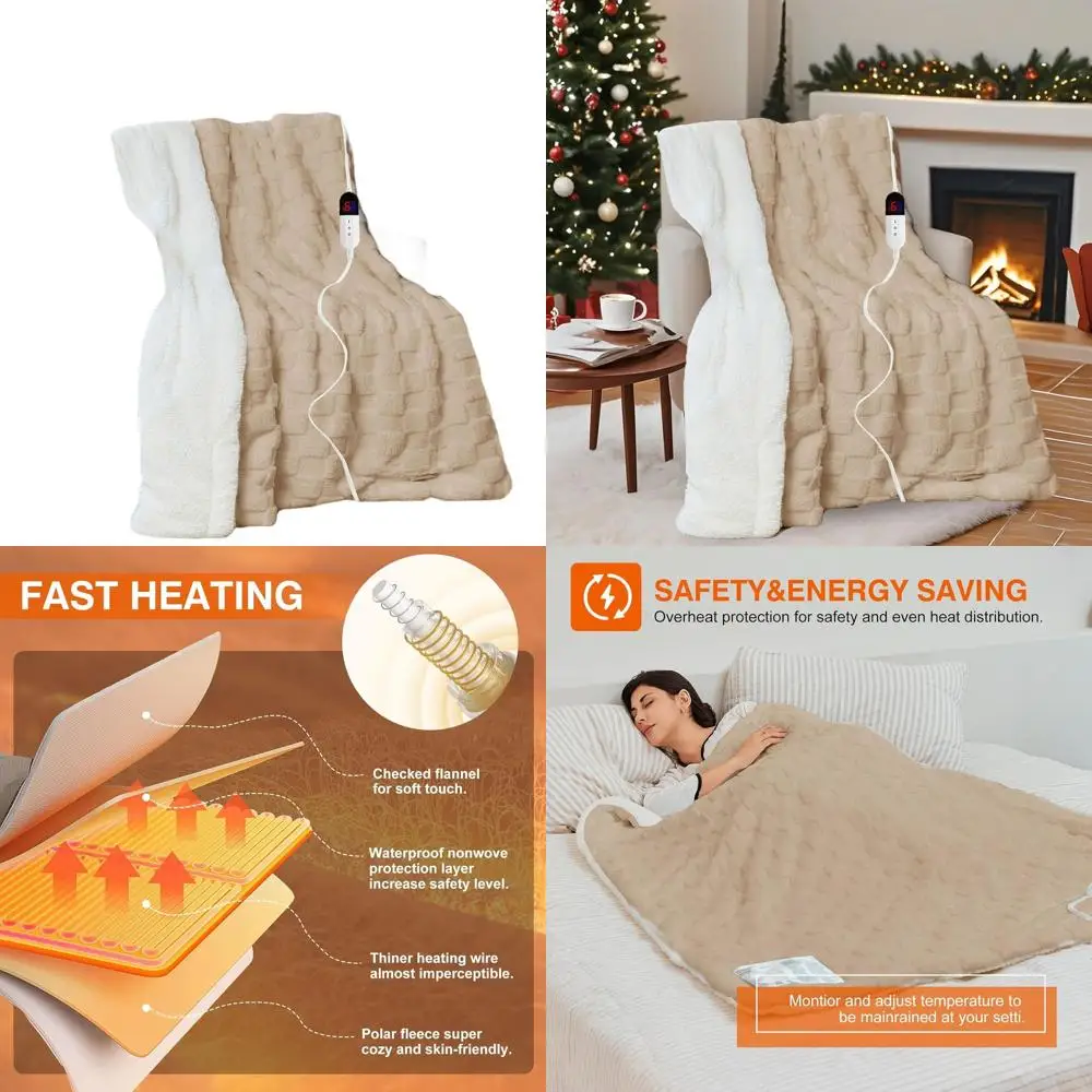 

6-Level Adjustable Heating, 10-Hour Timer, Auto-Off Soft Flannel Electric Blanket, 84x90, Khaki
