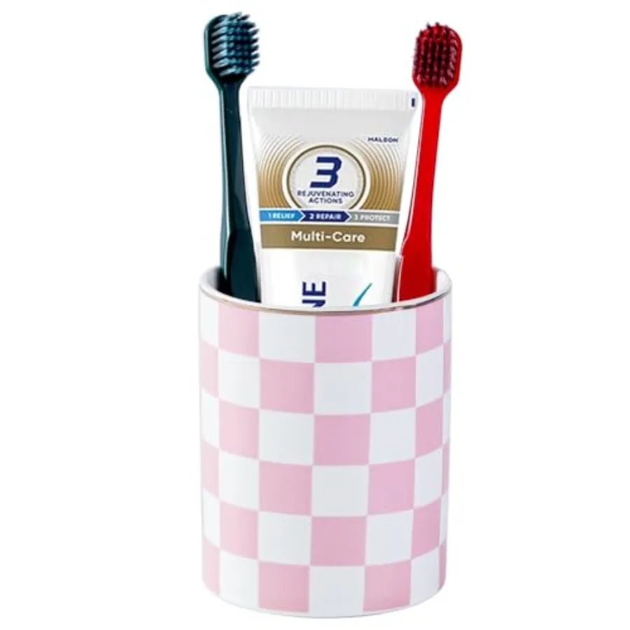 

Ceramic Toothbrush Holder Toothpaste Holders, Cute Bathroom Tumbler Cups Reusable, Checkered Bathroom Counter Decor Organizer,