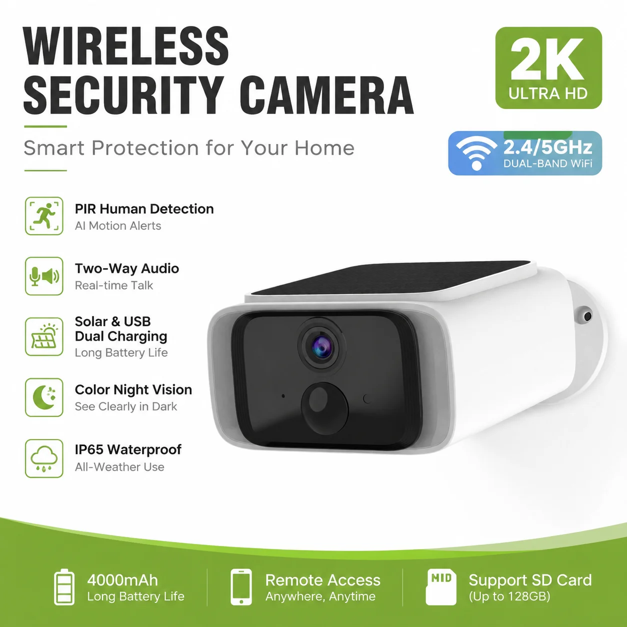 2K Solar Security Camera Wireless Outdoor 2.4/5G WiFi Cameras for Home with Fix Solar Panel Two-Way Talk Waterproof Surveillance
